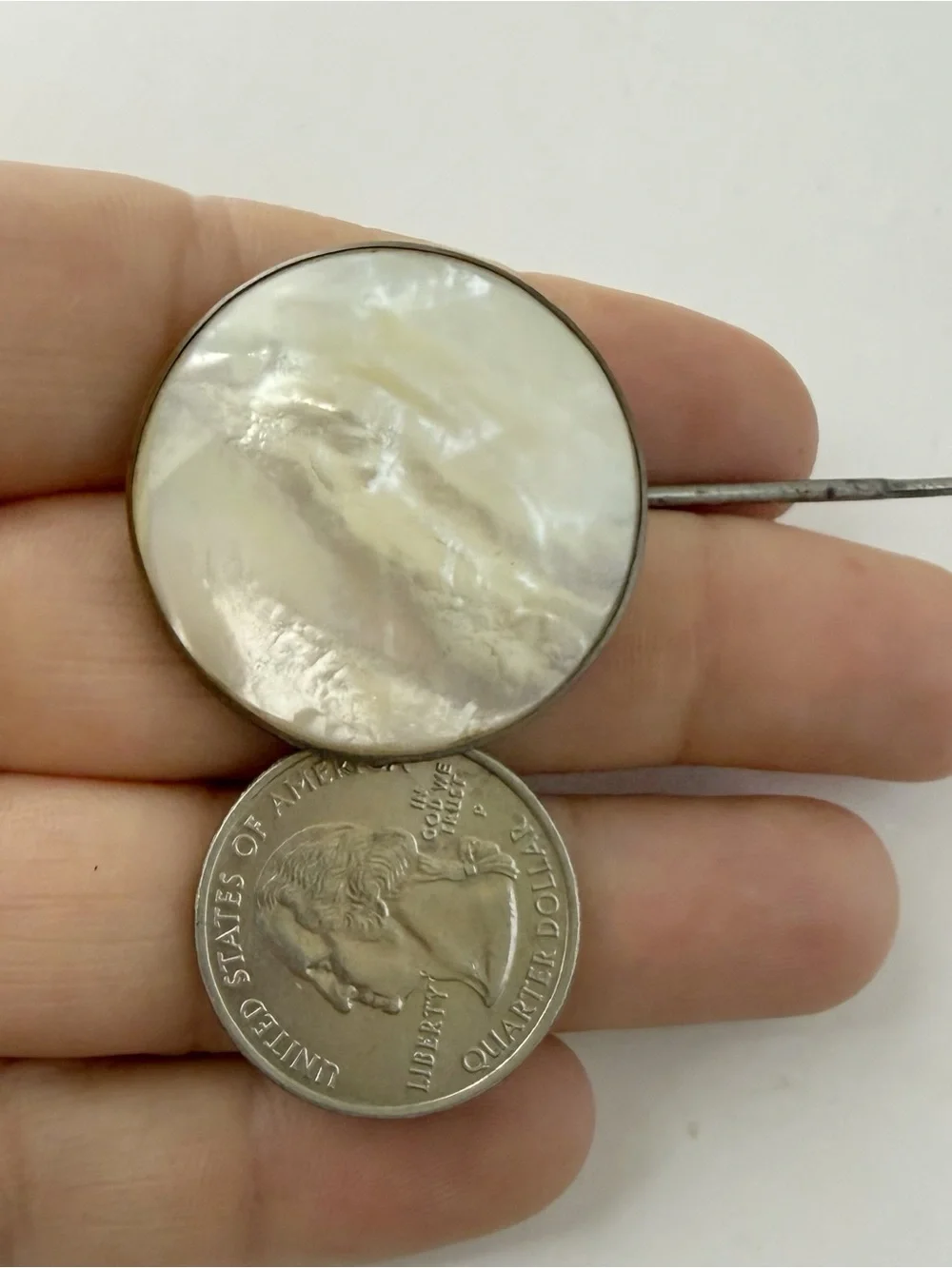 Antique Vintage Large Round Mother of Pearl Stick Pin Hat Lapel Pin